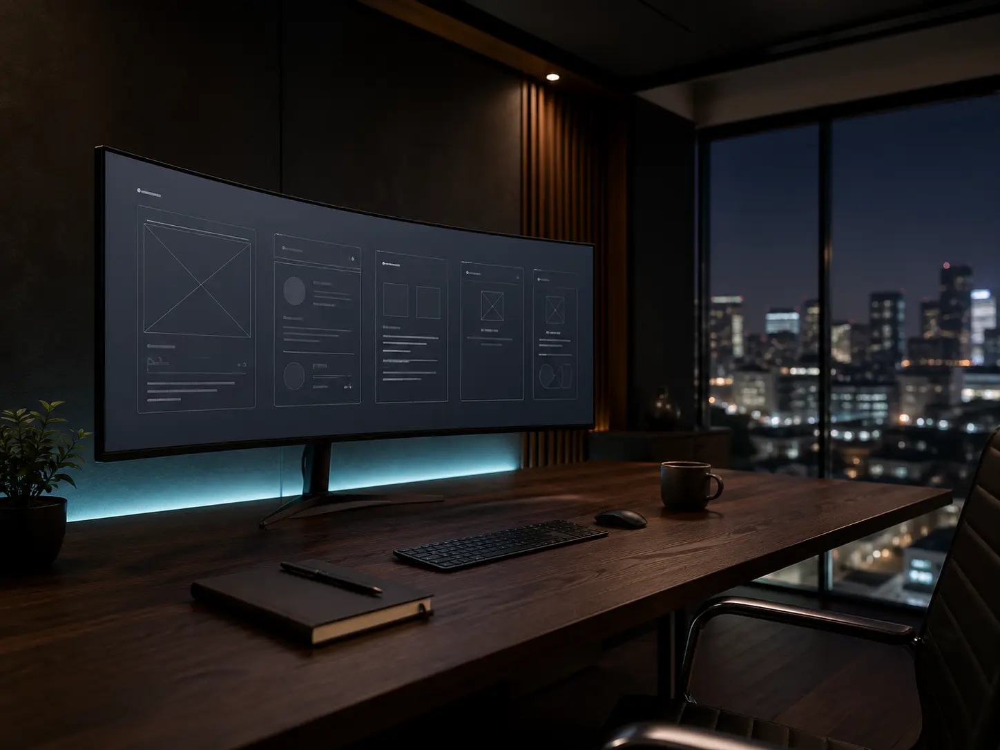 Modern minimalist design studio at night with subtle neon accents